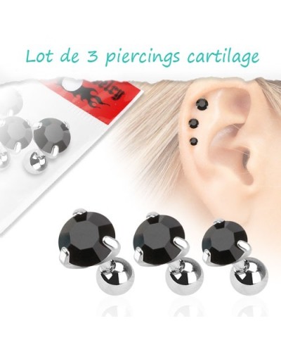 Lot de 3 piercings cartilage pierres noires