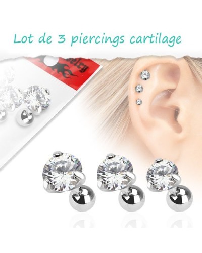 Lot de 3 piercings cartilage pierres transparentes