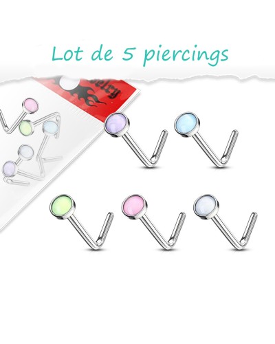 Lot de 5 piercings nez pierre résine epoxy tige en L