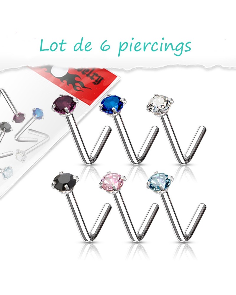 Lot de 6 piercings nez pierre ronde tige en L