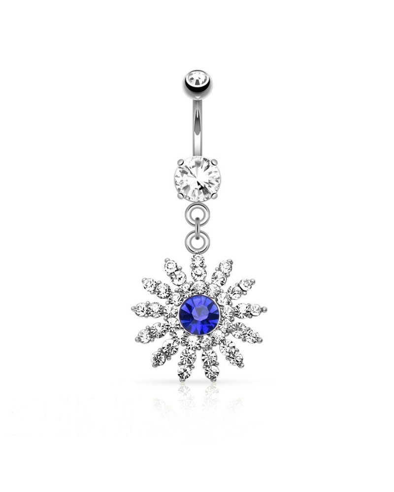 Piercing nombril fleur au coeur bleu roi