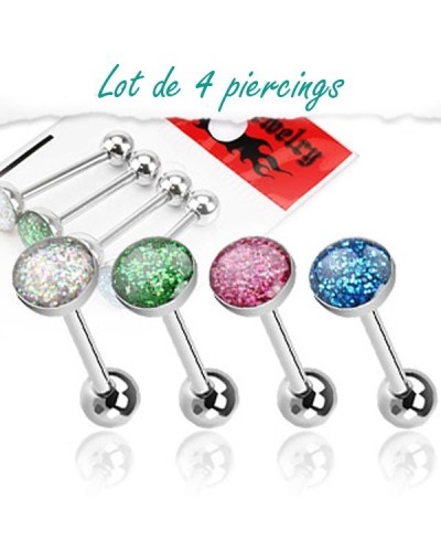 Lot de 4 piercing langue en acier dôme à paillettes