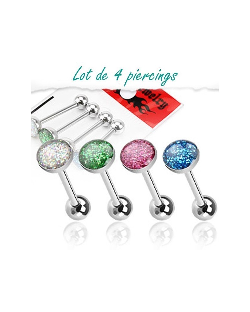 Lot de 4 piercing langue en acier dôme à paillettes