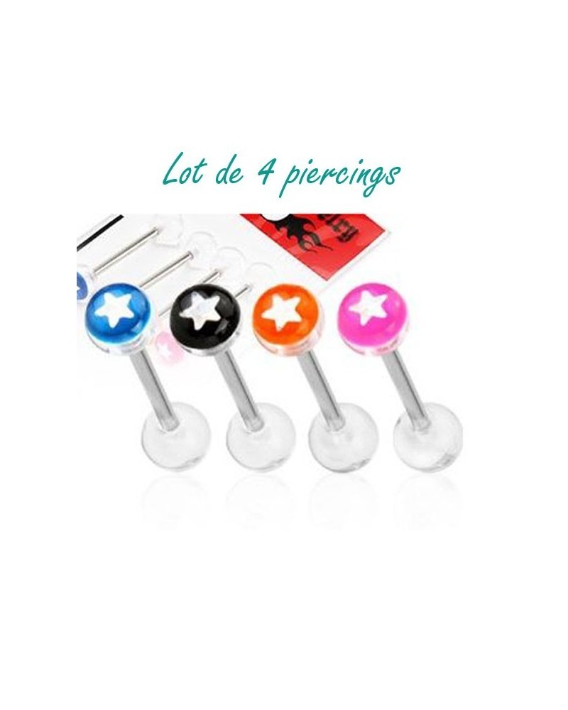 Lot de 4 piercing langue boule acrylique étoile scintillante