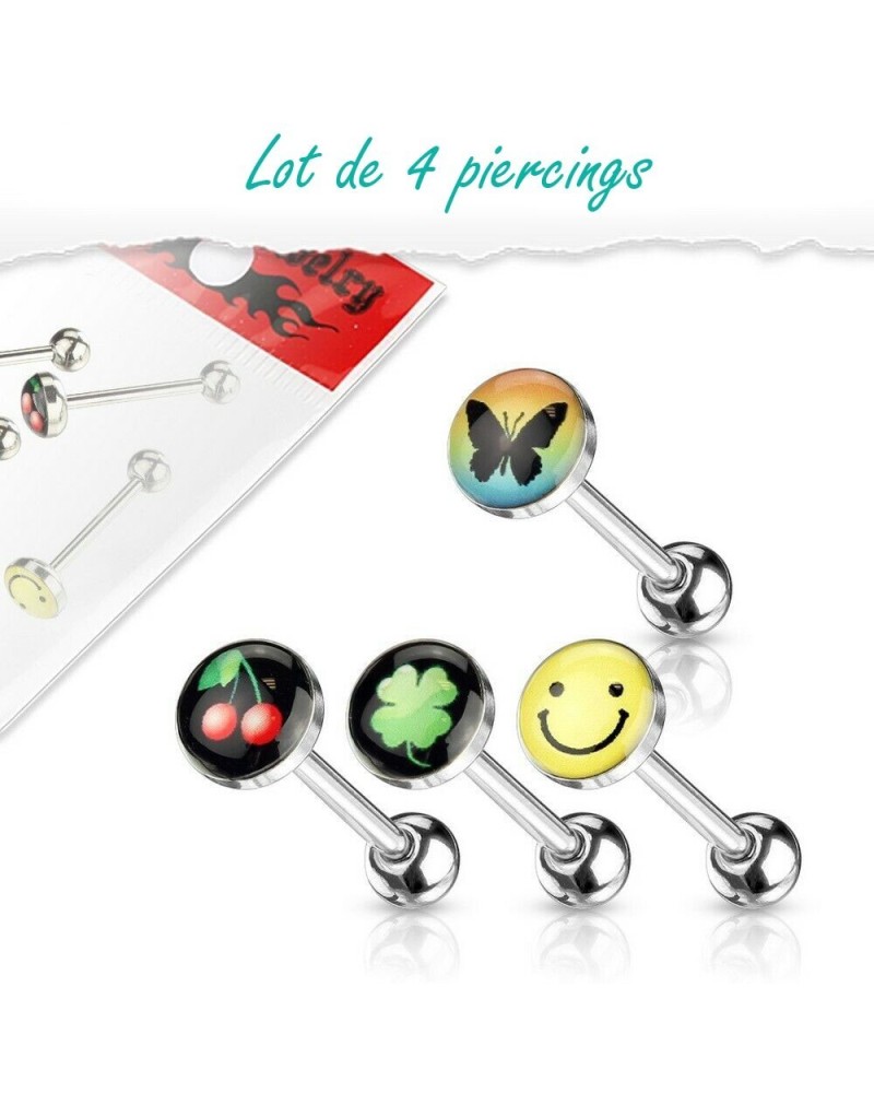 Lot de 4 piercing langue logo smiley, trèfle, cerises et papillons