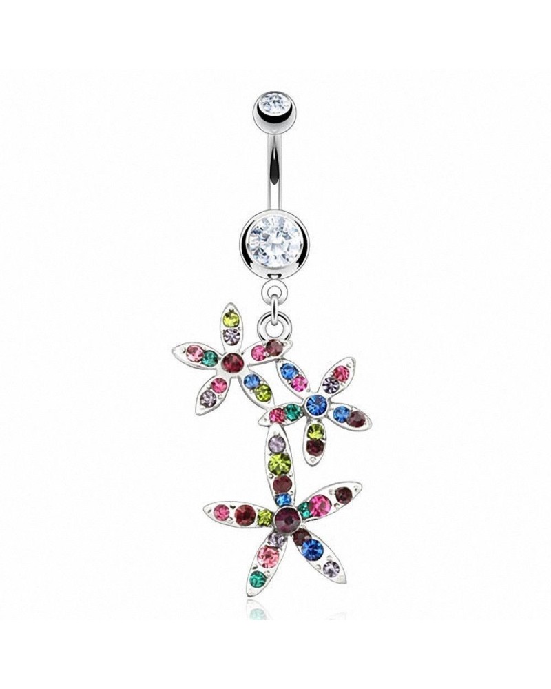 Piercing nombril 3 fleurs multicolores