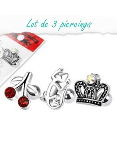 Lot de 3 piercing cartilage couronne, salamandre et cerises