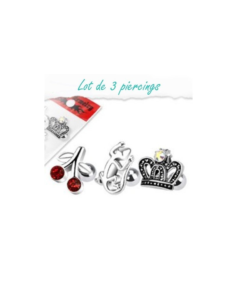 Lot de 3 piercing cartilage couronne, salamandre et cerises