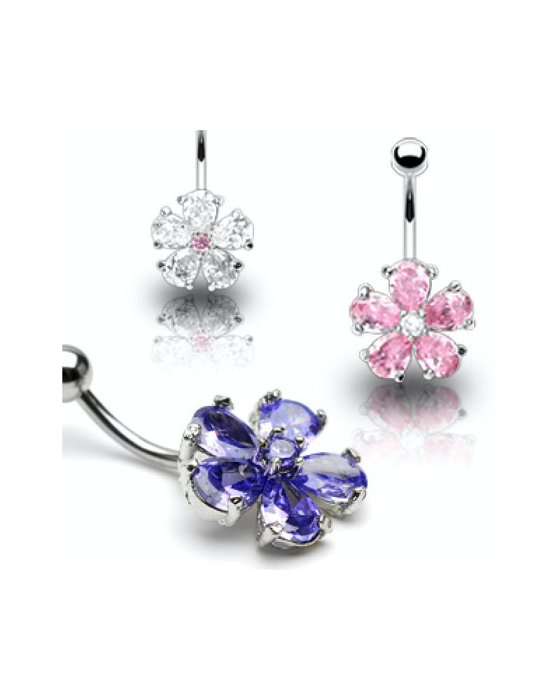 Piercing nombril fleur 5 pétales pierres serties