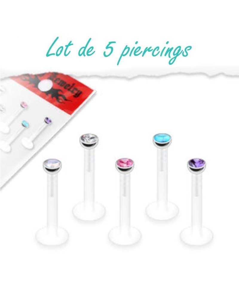 Lot de 5 piercings labret bioflex avec pierre