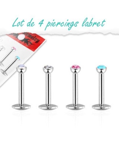 Lot de 4 piercings labret en acier avec pierres