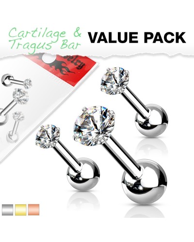 Lot de 3 piercings cartilage pierres rondes transparentes